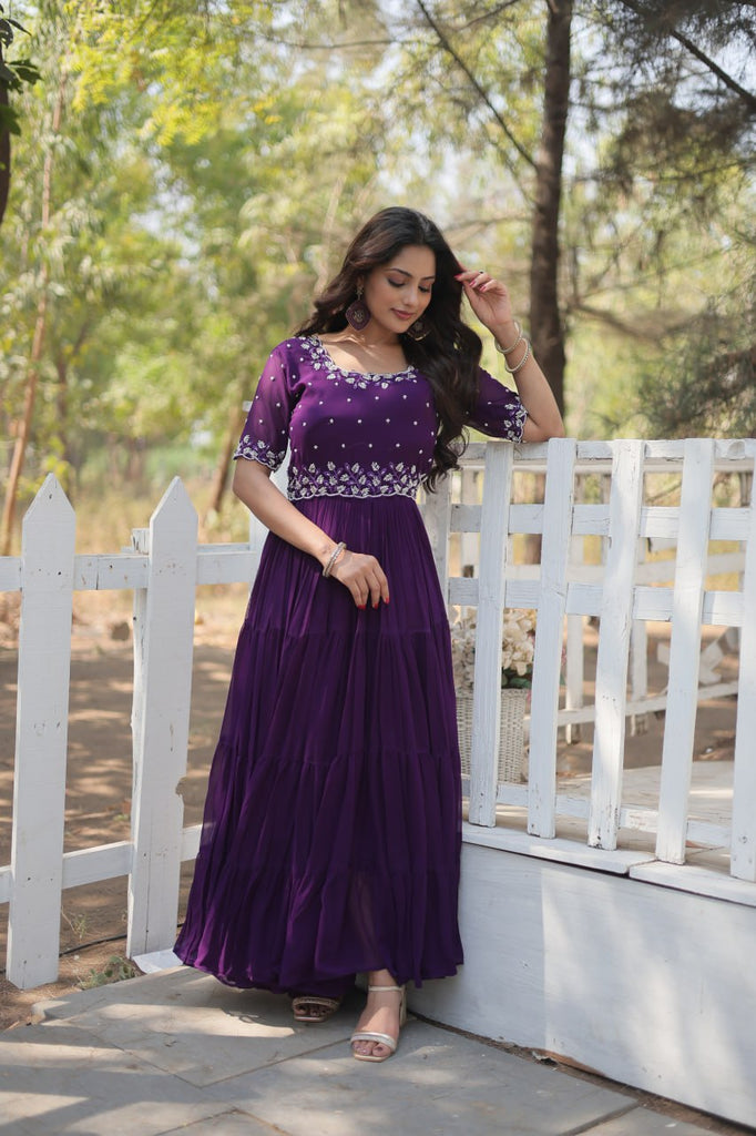 Purple Exquisite Faux Blooming Gown with Beads Embroidery ClothsVilla