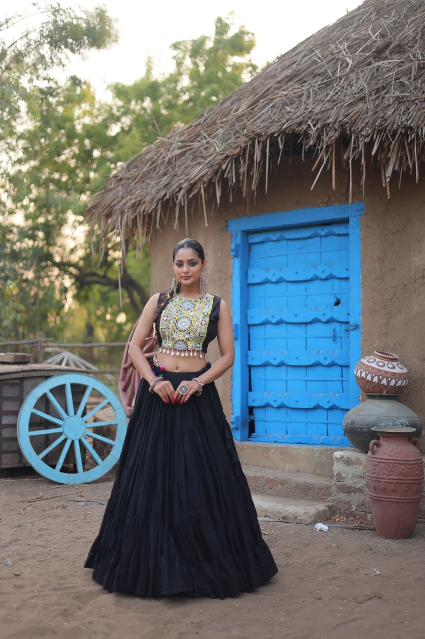 Black Traditional Reyon Lehenga Set with Embroidered Blouse and Koti ClothsVilla Main image