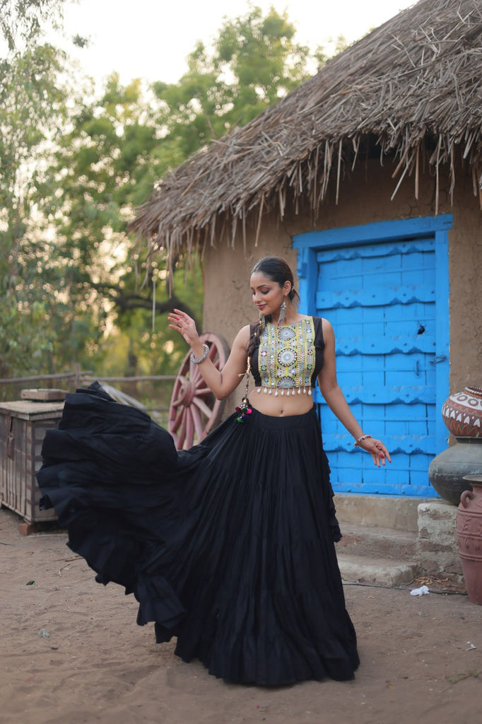 Black Traditional Reyon Lehenga Set with Embroidered Blouse and Koti ClothsVilla