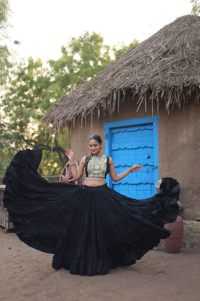 Black Traditional Reyon Lehenga Set with Embroidered Blouse and Koti ClothsVilla