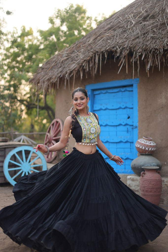 Black Traditional Reyon Lehenga Set with Embroidered Blouse and Koti ClothsVilla