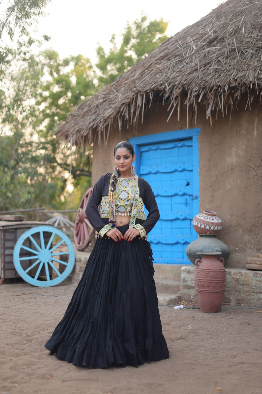 Black Traditional Reyon Lehenga Set with Embroidered Blouse and Koti ClothsVilla