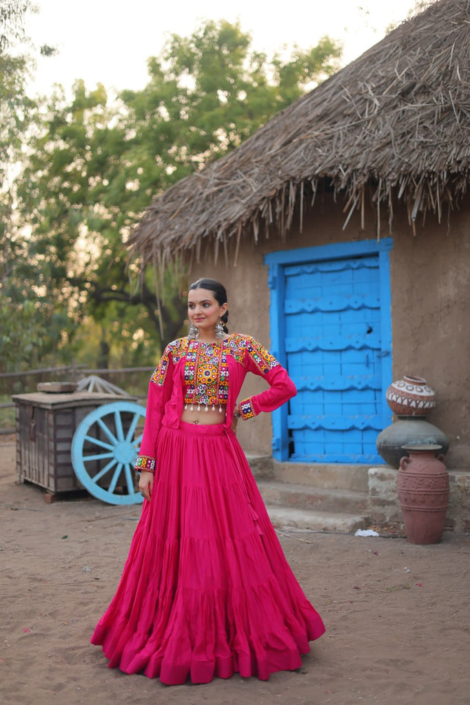 Pink Traditional Reyon Lehenga Set with Embroidered Blouse and Koti ClothsVilla