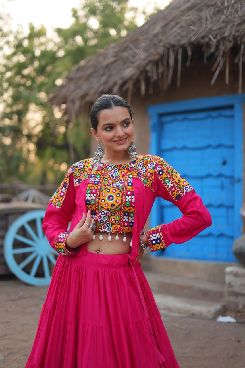 Pink Traditional Reyon Lehenga Set with Embroidered Blouse and Koti ClothsVilla