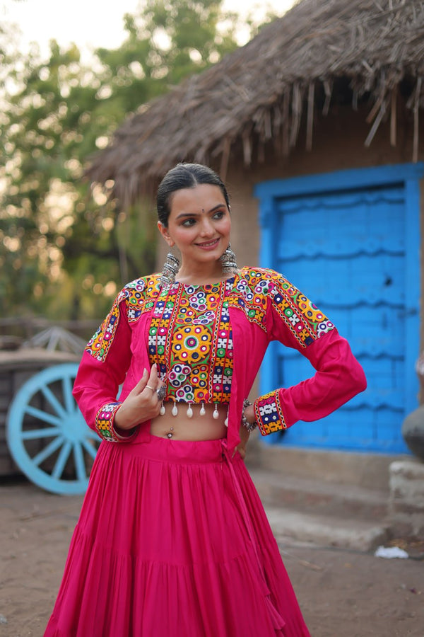 Pink Traditional Reyon Lehenga Set with Embroidered Blouse and Koti ClothsVilla