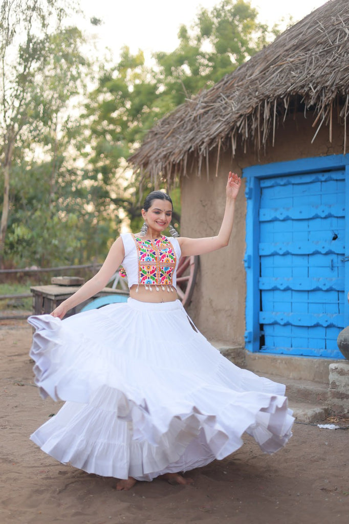 White Traditional Reyon Lehenga Set with Embroidered Blouse and Koti ClothsVilla