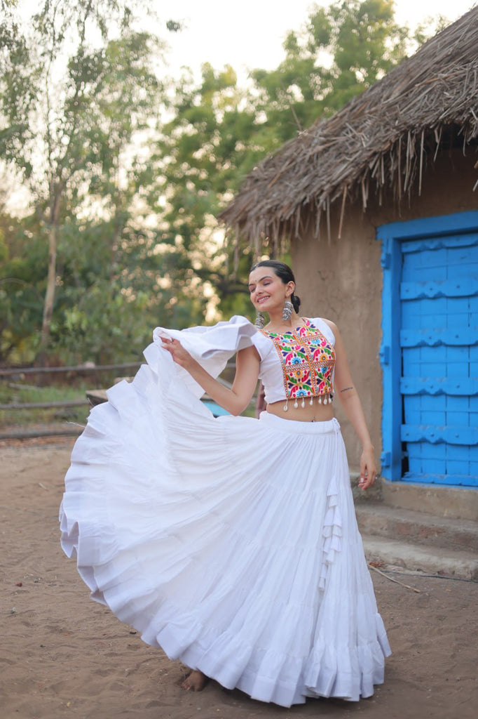 White Traditional Reyon Lehenga Set with Embroidered Blouse and Koti ClothsVilla