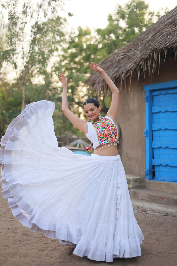 White Traditional Reyon Lehenga Set with Embroidered Blouse and Koti ClothsVilla