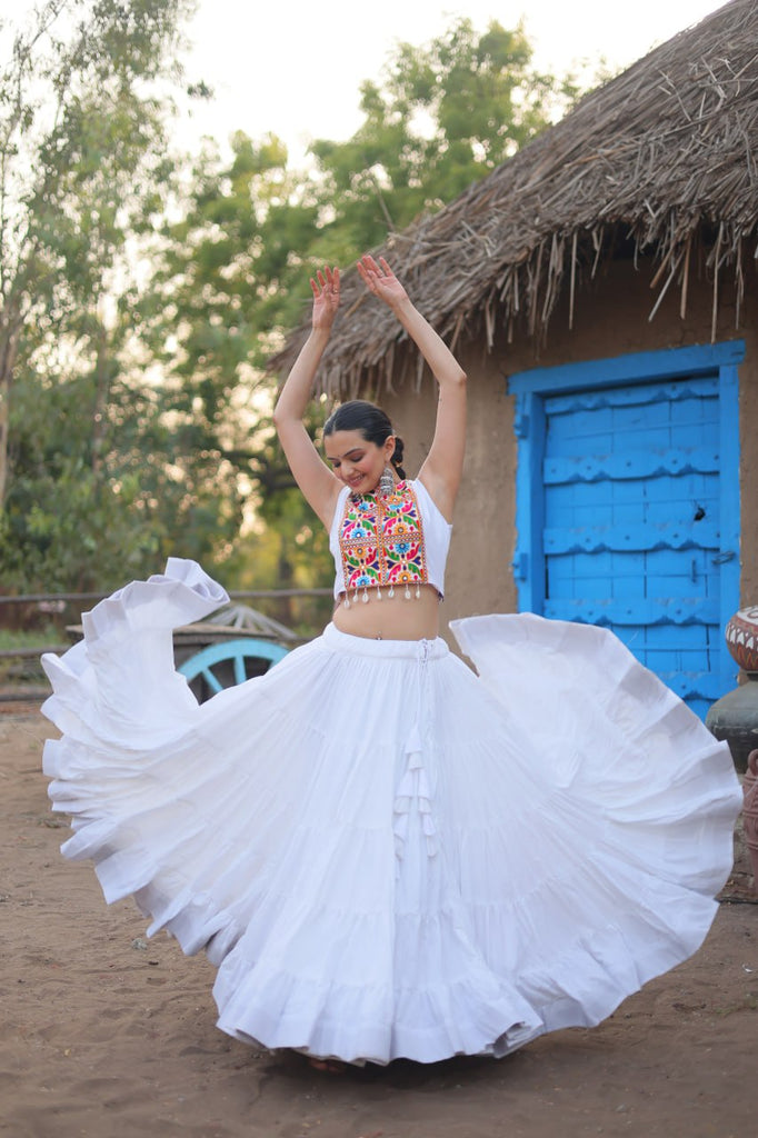 White Traditional Reyon Lehenga Set with Embroidered Blouse and Koti ClothsVilla