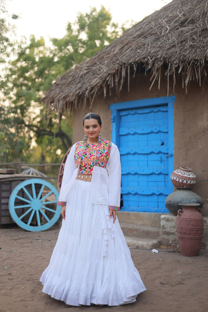 White Traditional Reyon Lehenga Set with Embroidered Blouse and Koti ClothsVilla