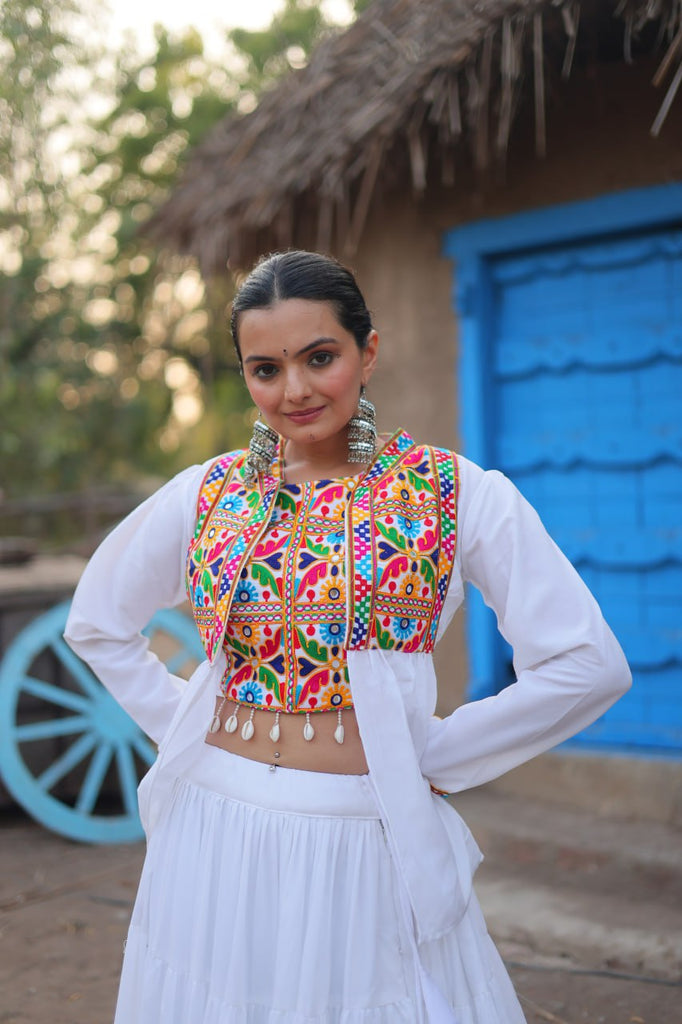 White Traditional Reyon Lehenga Set with Embroidered Blouse and Koti ClothsVilla