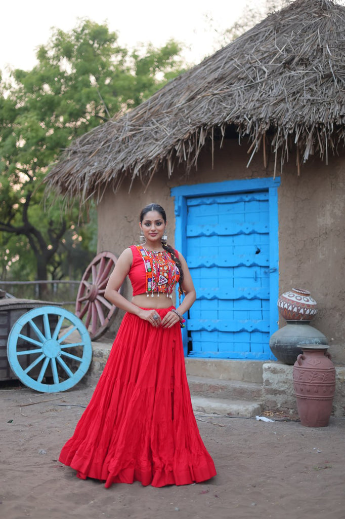 Red Traditional Reyon Lehenga Set with Embroidered Blouse and Koti ClothsVilla