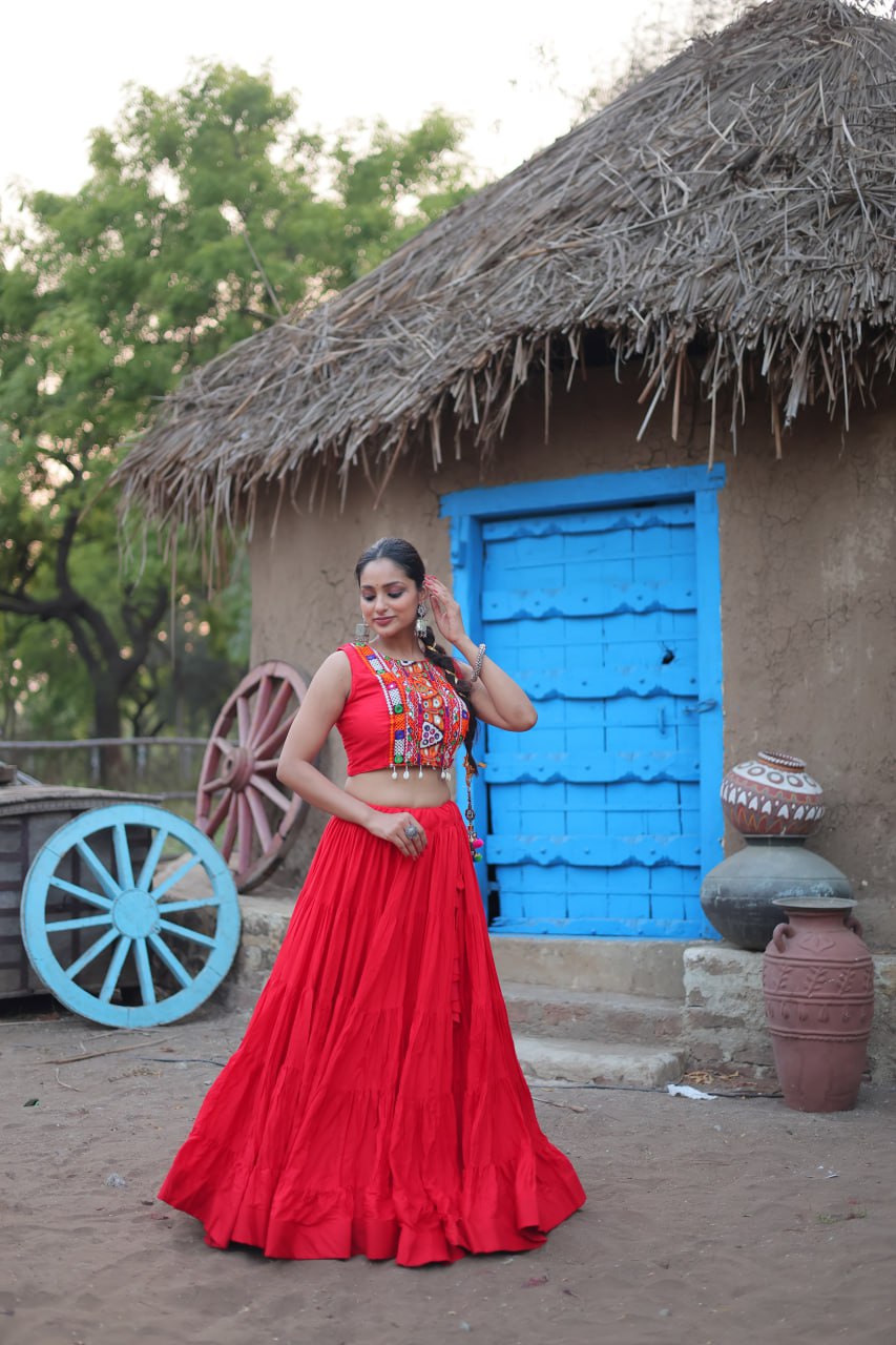 Red Traditional Reyon Lehenga Set with Embroidered Blouse and Koti ClothsVilla