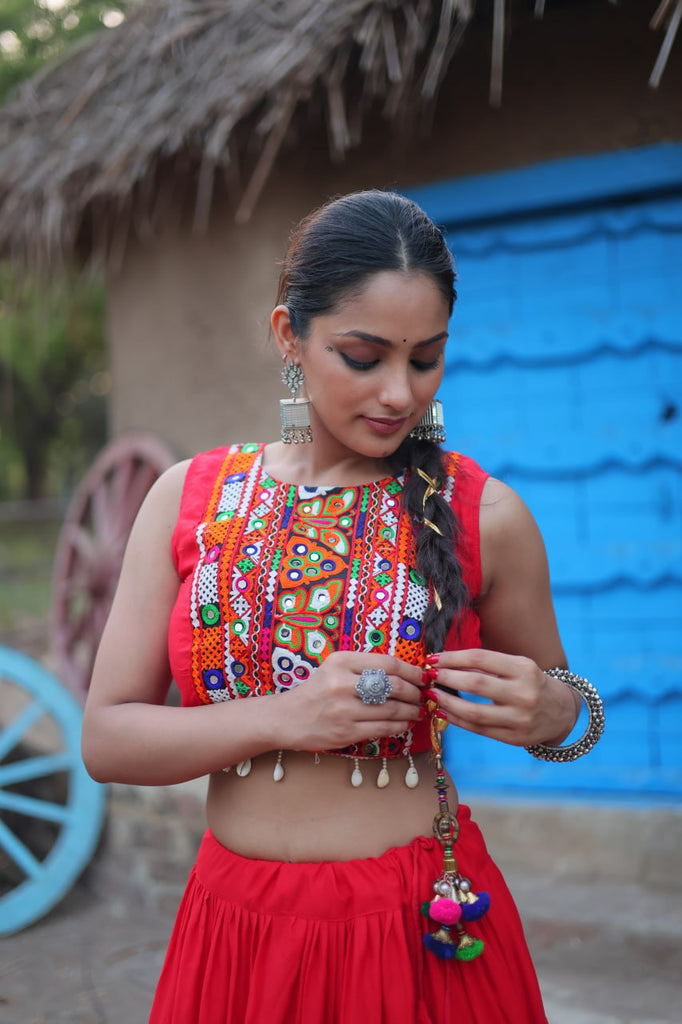 Red Traditional Reyon Lehenga Set with Embroidered Blouse and Koti ClothsVilla