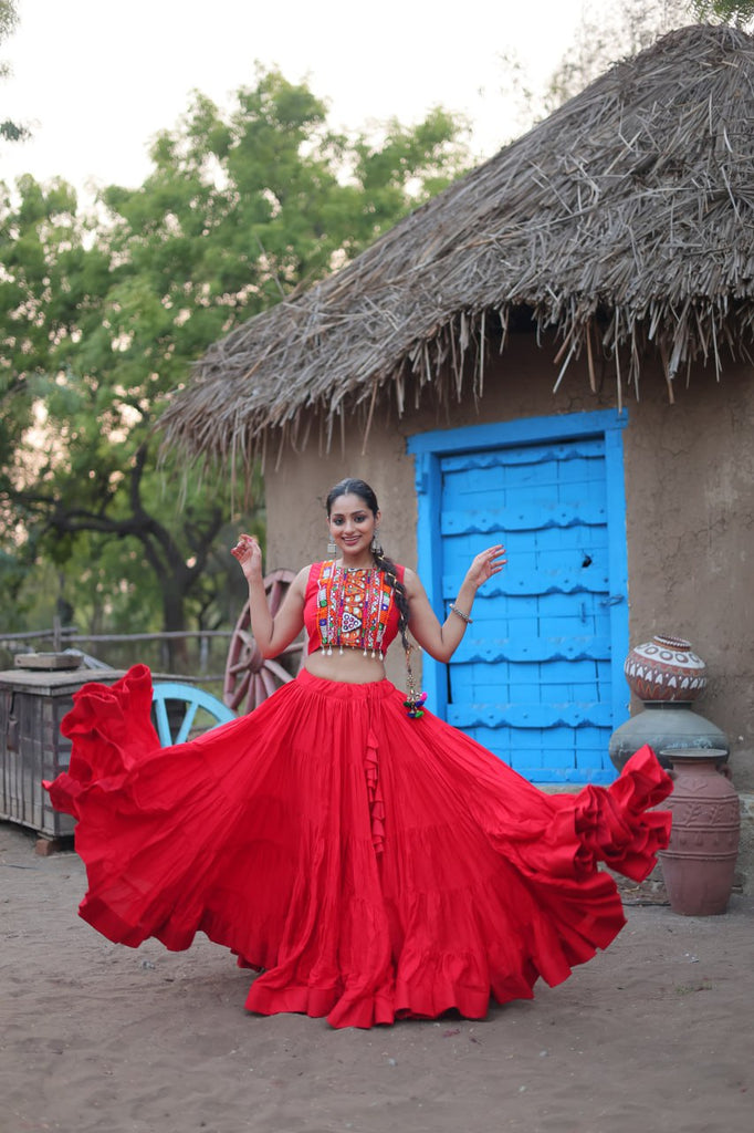 Red Traditional Reyon Lehenga Set with Embroidered Blouse and Koti ClothsVilla