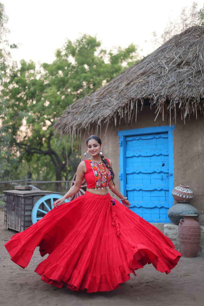 Red Traditional Reyon Lehenga Set with Embroidered Blouse and Koti ClothsVilla