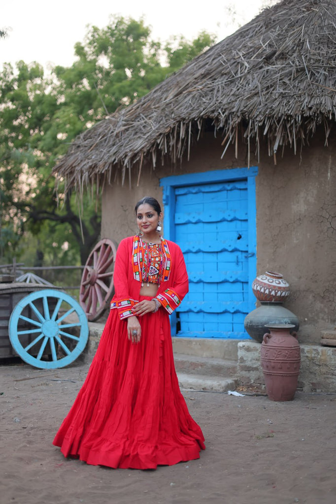 Red Traditional Reyon Lehenga Set with Embroidered Blouse and Koti ClothsVilla