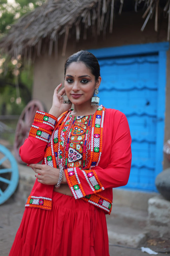 Red Traditional Reyon Lehenga Set with Embroidered Blouse and Koti ClothsVilla