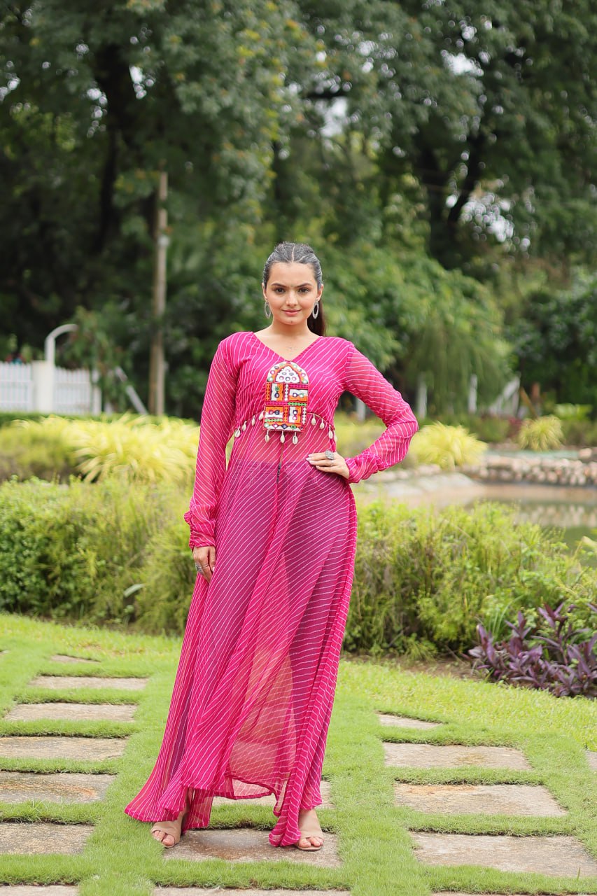 Magenta Faux Georgette Leheriya Print Kurti with Kutchi Patchwork ClothsVilla Main image