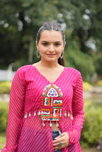 Load image into Gallery viewer, Magenta Faux Georgette Leheriya Print Kurti with Kutchi Patchwork ClothsVilla