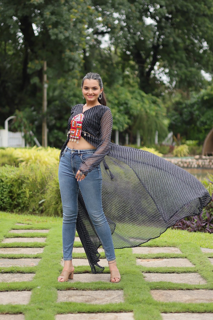 Black Faux Georgette Leheriya Print Kurti with Kutchi Patchwork ClothsVilla Main image