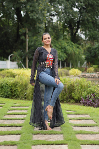 Black Faux Georgette Leheriya Print Kurti with Kutchi Patchwork ClothsVilla