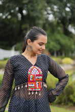 Load image into Gallery viewer, Black Faux Georgette Leheriya Print Kurti with Kutchi Patchwork ClothsVilla