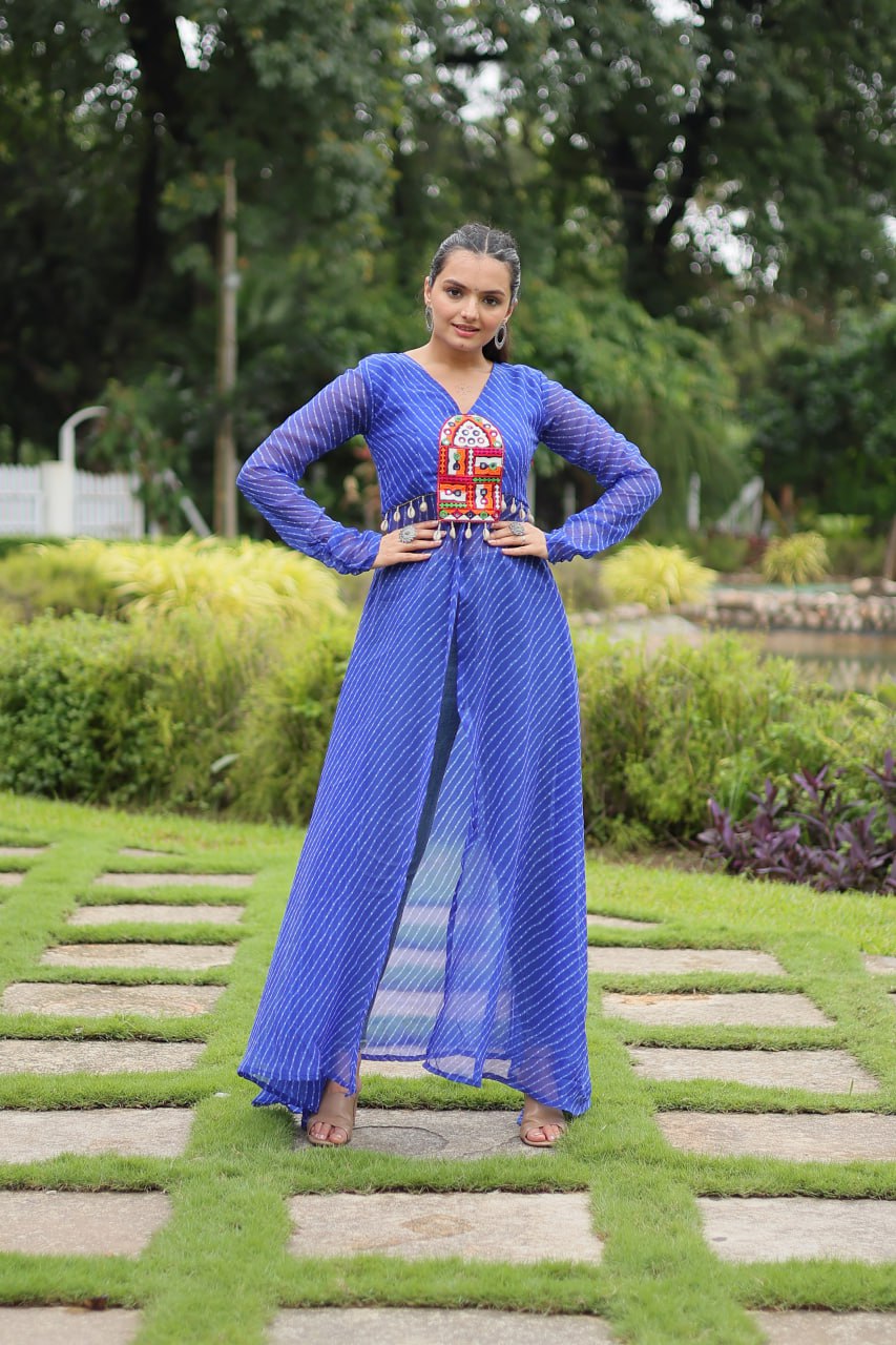 Blue Faux Georgette Leheriya Print Kurti with Kutchi Patchwork ClothsVilla Main image