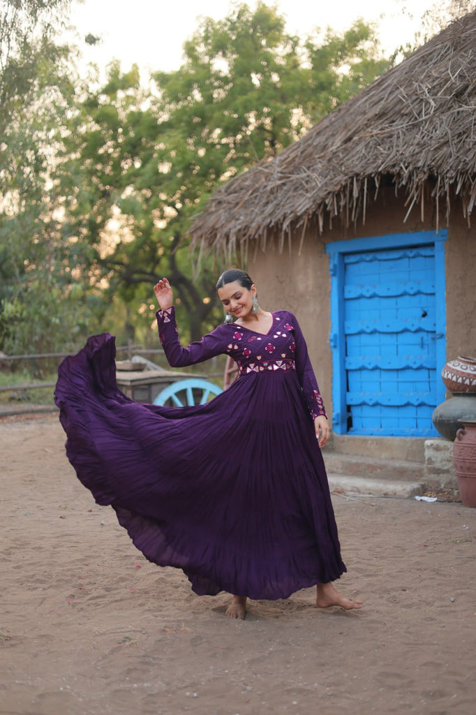 Purple Rayon Gown with Real Mirror Work ClothsVilla