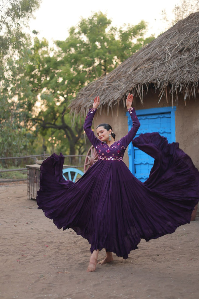 Purple Rayon Gown with Real Mirror Work ClothsVilla