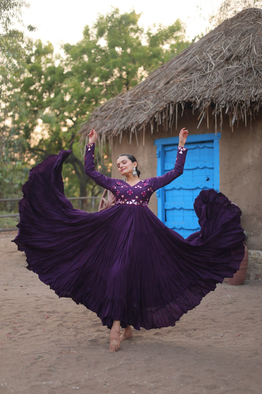 Purple Rayon Gown with Real Mirror Work ClothsVilla