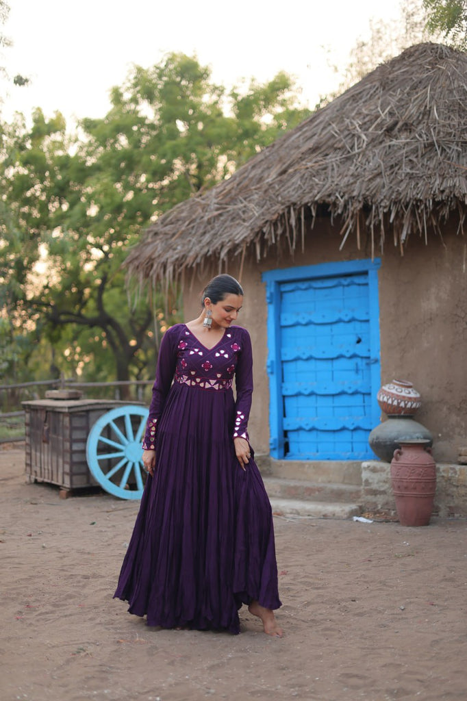 Purple Rayon Gown with Real Mirror Work ClothsVilla