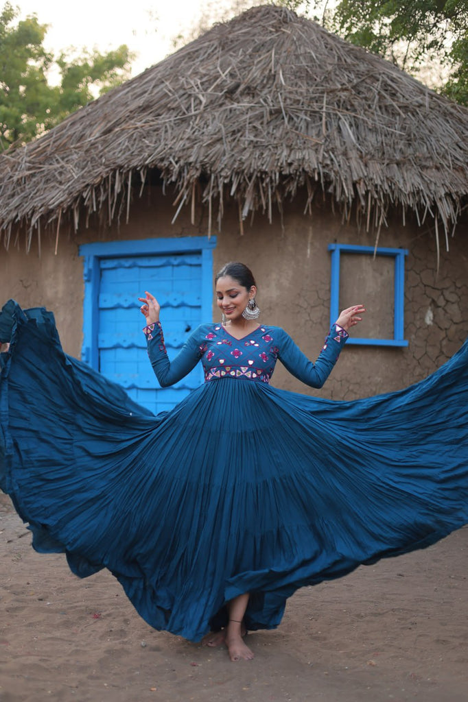 Teal Blue Rayon Gown with Real Mirror Work ClothsVilla