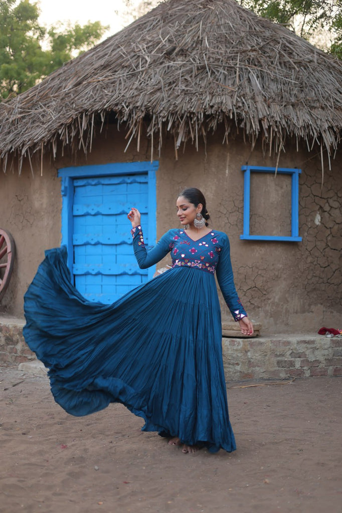 Teal Blue Rayon Gown with Real Mirror Work ClothsVilla