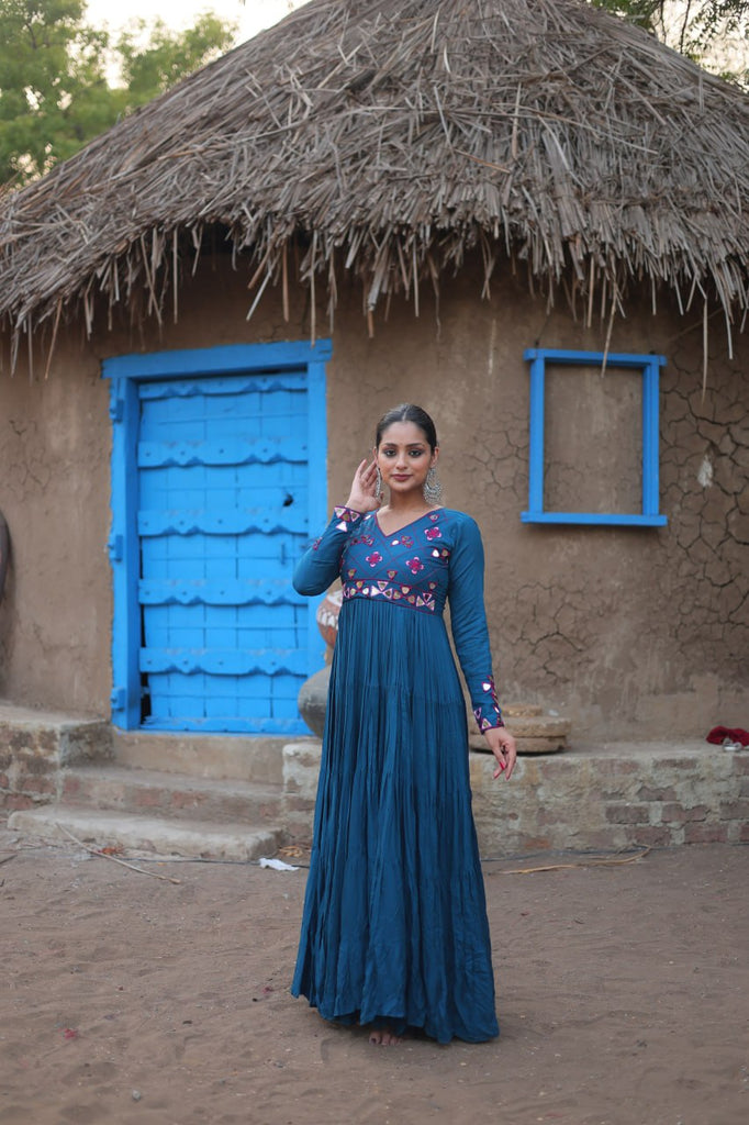 Teal Blue Rayon Gown with Real Mirror Work ClothsVilla