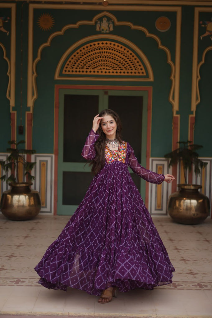 Purple Bandhani Print Faux Georgette Gown with Kutchi Patchwork ClothsVilla