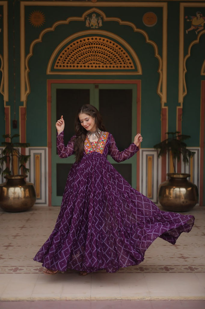 Purple Bandhani Print Faux Georgette Gown with Kutchi Patchwork ClothsVilla