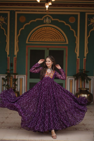 Purple Bandhani Print Faux Georgette Gown with Kutchi Patchwork ClothsVilla