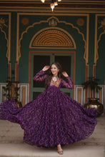 Load image into Gallery viewer, Purple Bandhani Print Faux Georgette Gown with Kutchi Patchwork ClothsVilla