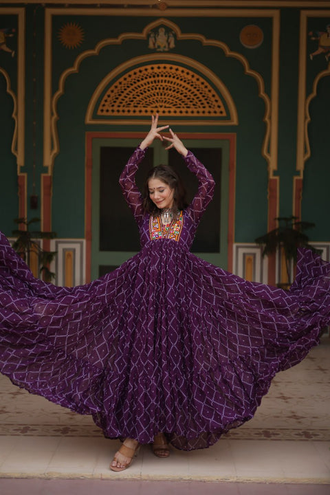 Purple Bandhani Print Faux Georgette Gown with Kutchi Patchwork ClothsVilla Main image
