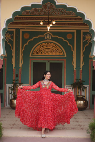 Red Bandhani Print Faux Georgette Gown with Kutchi Patchwork ClothsVilla