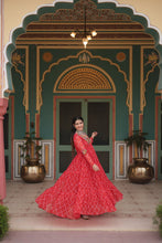 Load image into Gallery viewer, Red Bandhani Print Faux Georgette Gown with Kutchi Patchwork ClothsVilla