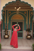 Load image into Gallery viewer, Red Bandhani Print Faux Georgette Gown with Kutchi Patchwork ClothsVilla