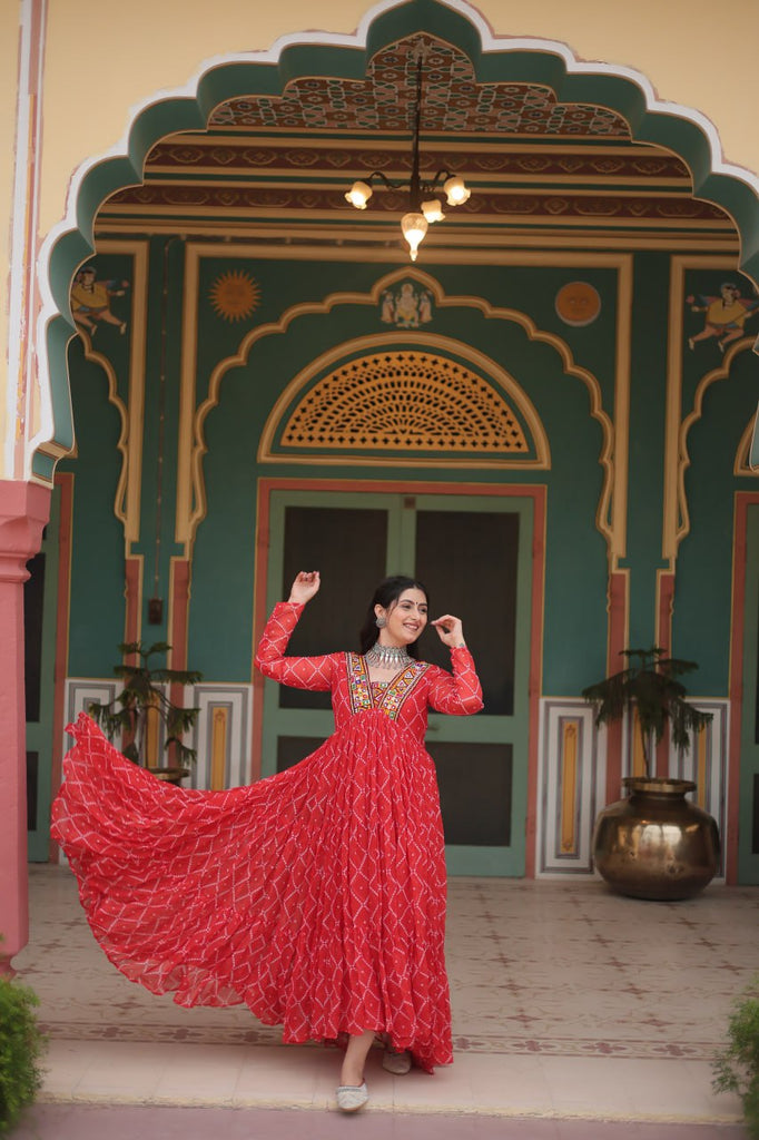 Red Bandhani Print Faux Georgette Gown with Kutchi Patchwork ClothsVilla