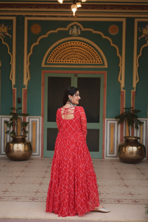 Red Bandhani Print Faux Georgette Gown with Kutchi Patchwork ClothsVilla Main image
