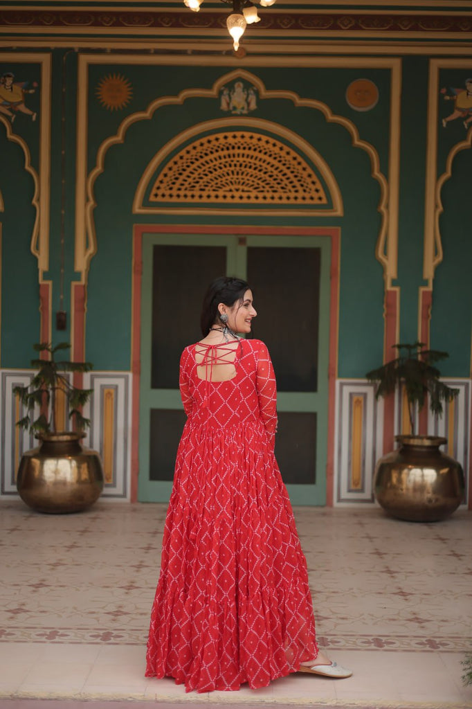 Red Bandhani Print Faux Georgette Gown with Kutchi Patchwork ClothsVilla