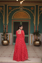 Load image into Gallery viewer, Red Bandhani Print Faux Georgette Gown with Kutchi Patchwork ClothsVilla