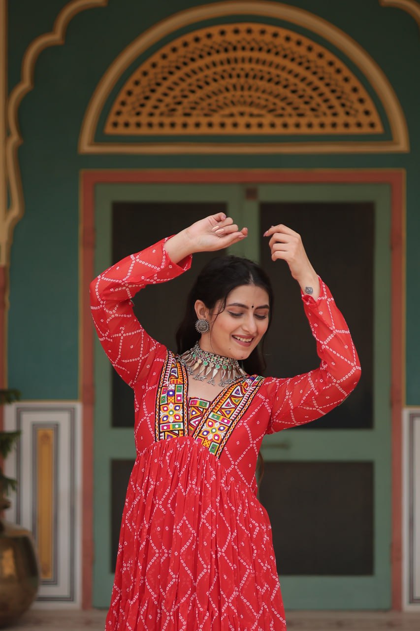 Red Bandhani Print Faux Georgette Gown with Kutchi Patchwork ClothsVilla