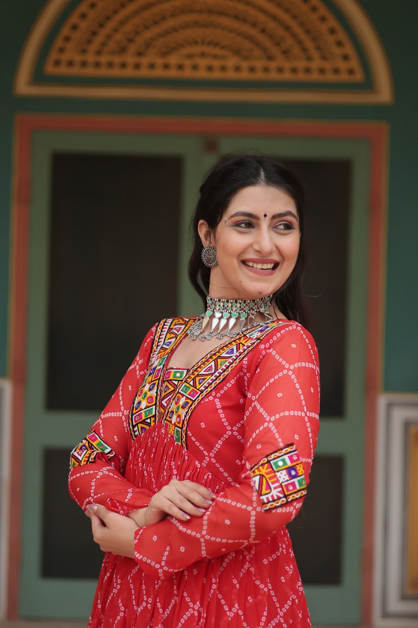 Red Bandhani Print Faux Georgette Gown with Kutchi Patchwork ClothsVilla