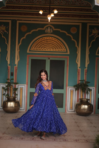 Blue Bandhani Print Faux Georgette Gown with Kutchi Patchwork ClothsVilla